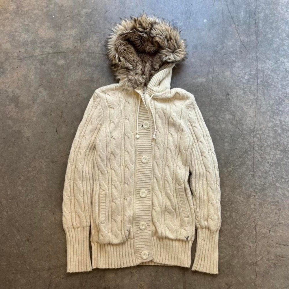 Y2k VTG American Eagle‎ Outfitters Cable Knit Zip Up Fur Hood Pea Coat Hoodie L